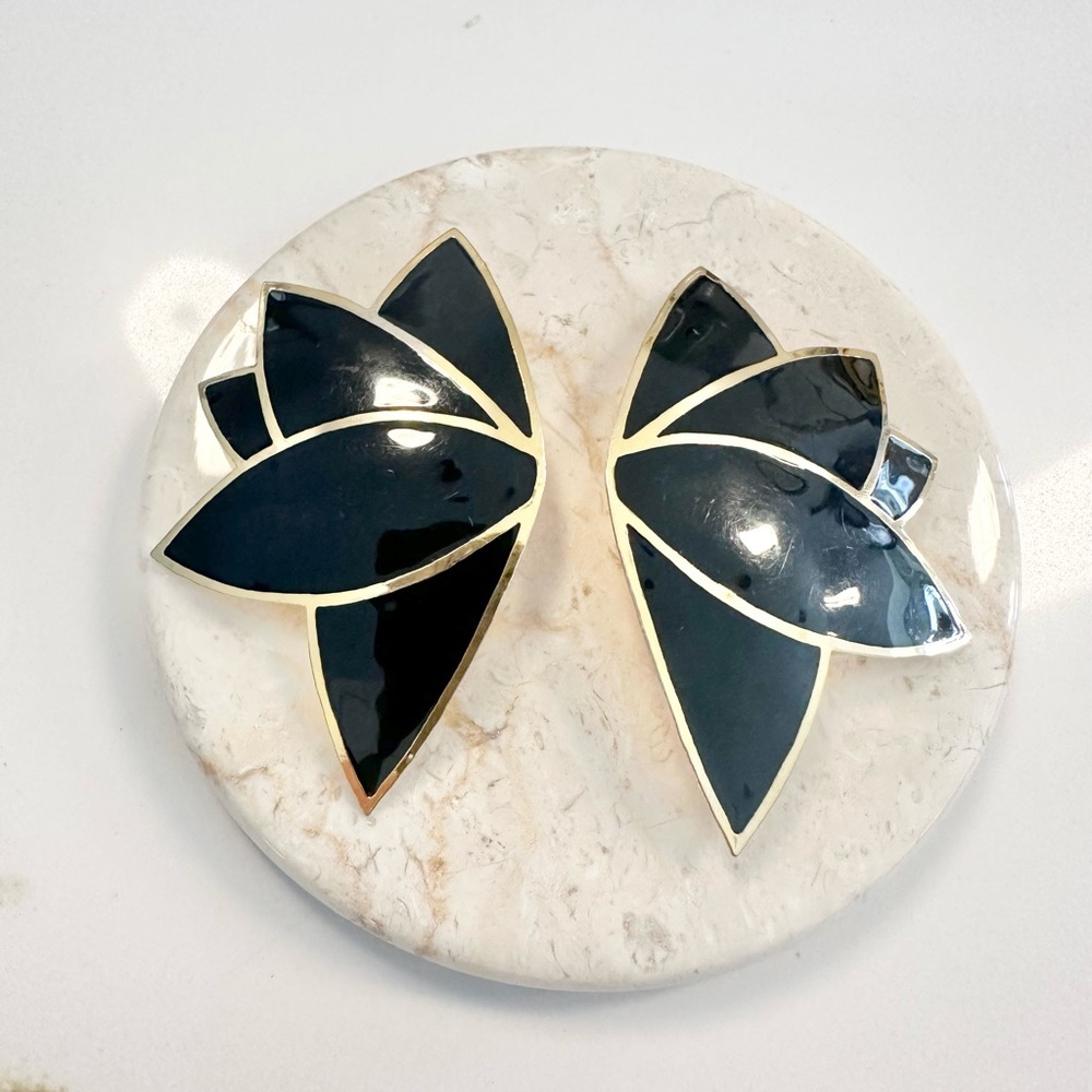 Vintage 1980’s Lawrence Bott Black Enamel Large Flower Statement Earrings